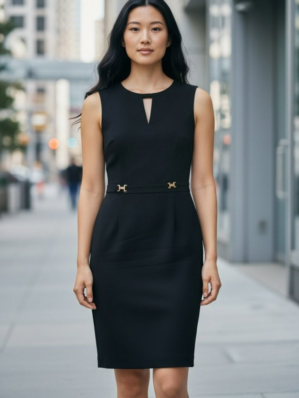 Tahari Black Sleeveless Midi Sheath Dress with Gold Hardware